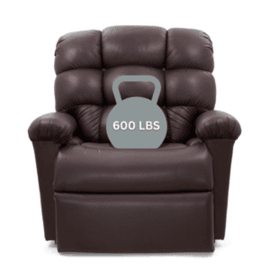 The Cloud Medium Wide - Lift Chair by Golden Technologies is a spacious, dark brown recliner shown with a gray 600 LBS kettlebell graphic on the seat to showcase its impressive weight capacity.
