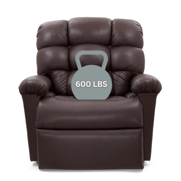 The Cloud Medium Wide - Lift Chair by Golden Technologies is a spacious, dark brown recliner shown with a gray 600 LBS kettlebell graphic on the seat to showcase its impressive weight capacity.