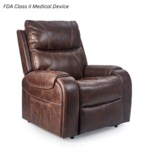 The Titan Medium - Lift Chair by Golden Technologies, shown in dark brown leather with cushioned seat, back, and armrests, is pictured against a white background. Text notes it is an FDA Class II Medical Device.