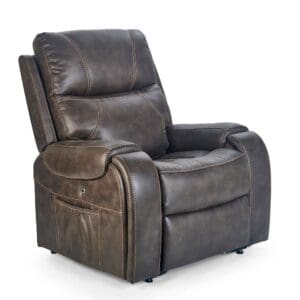Titan Medium - Lift Chair by Golden Technologies in dark brown, featuring thick cushions, visible stitching, and a side pocket, displayed against a white background.