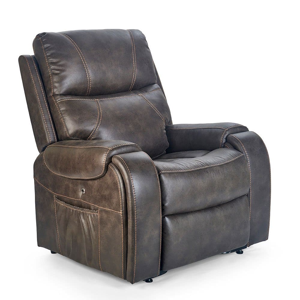 Titan Medium - Lift Chair by Golden Technologies in dark brown, featuring thick cushions, visible stitching, and a side pocket, displayed against a white background. Titan Medium - Lift Chair by Golden Technologies in dark brown, featuring thick cushions, visible stitching, and a side pocket, displayed against a white background.