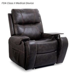 A dark brown Titan with Twilight Medium Lift Chair by Golden Technologies features a side pocket and right armrest tray. "FDA Class II Medical Device" is displayed in the top left corner.