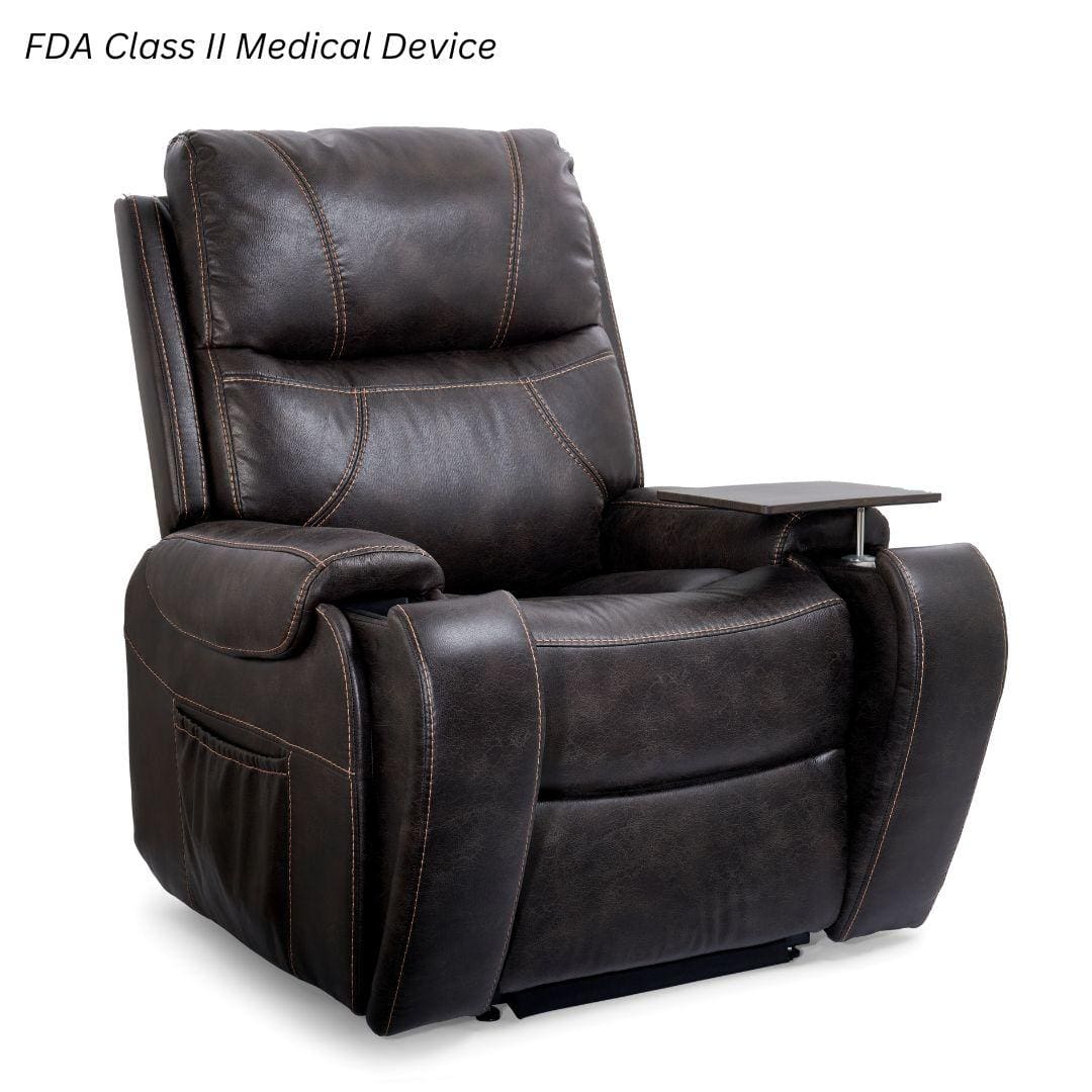 A dark brown Titan with Twilight Medium Lift Chair by Golden Technologies features a side pocket and right armrest tray. "FDA Class II Medical Device" is displayed in the top left corner. A dark brown Titan with Twilight Medium Lift Chair by Golden Technologies features a side pocket and right armrest tray. "FDA Class II Medical Device" is displayed in the top left corner.