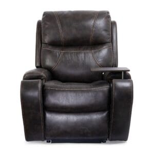 The Titan with Twilight Medium Lift Chair by Golden Technologies is a dark brown leather recliner with visible stitching and a built-in right armrest tray, shown against a white background.