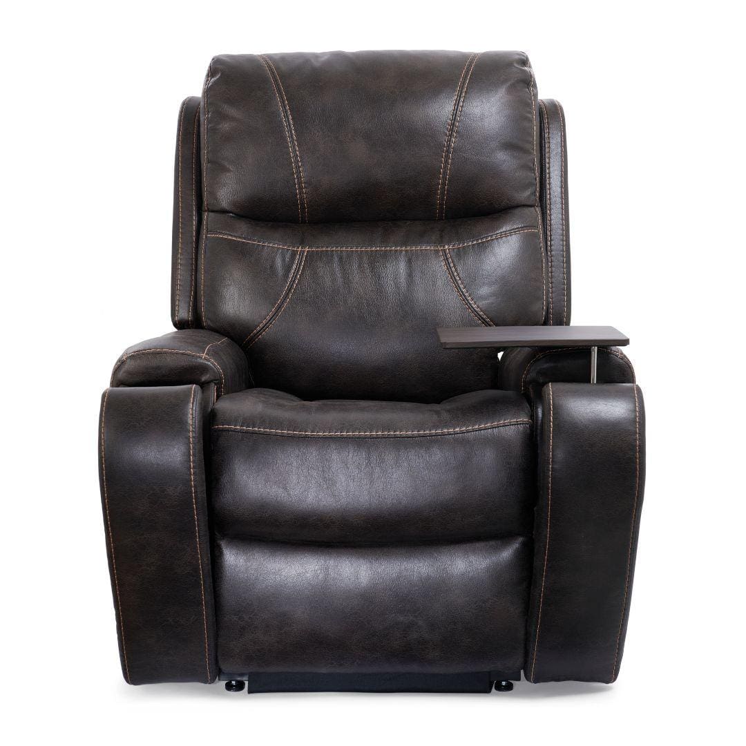 The Titan with Twilight Medium Lift Chair by Golden Technologies is a dark brown leather recliner with visible stitching and a built-in right armrest tray, shown against a white background. The Titan with Twilight Medium Lift Chair by Golden Technologies is a dark brown leather recliner with visible stitching and a built-in right armrest tray, shown against a white background.