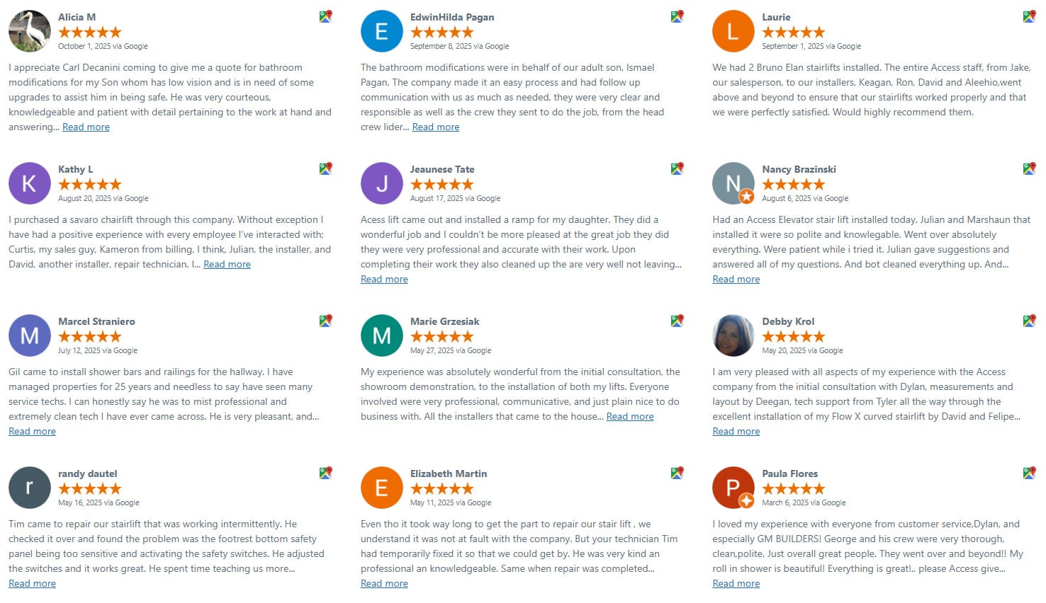 A collage of twelve Access Elevator, Inc. five-star Google reviews for a company, each with a customer name, initial, and positive testimonial about services such as bathroom modification, tub installation, and customer support.