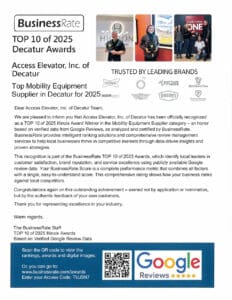 A flyer recognizing Access Elevator, Inc. of Decatur as a Top Mobility Equipment Supplier for 2025 by BusinessRate, featuring logos of well-known brands, a Google Reviews badge, and details about the award and rating process.