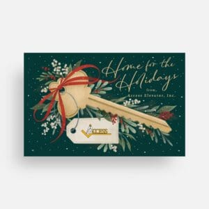 A festive holiday card featuring a large gold key with a red bow, a gift tag with the Access Elevator logo, and the text Home for the Holidays from Access Elevator, Inc. on a dark green background with holiday foliage.