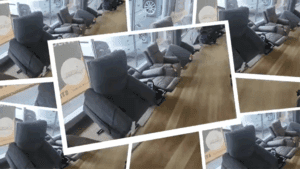Grey reclining chairs are arranged in a row inside a showroom with large windows. The image is overlaid multiple times, creating a collage effect with repeating frames. The floor appears to be wood.