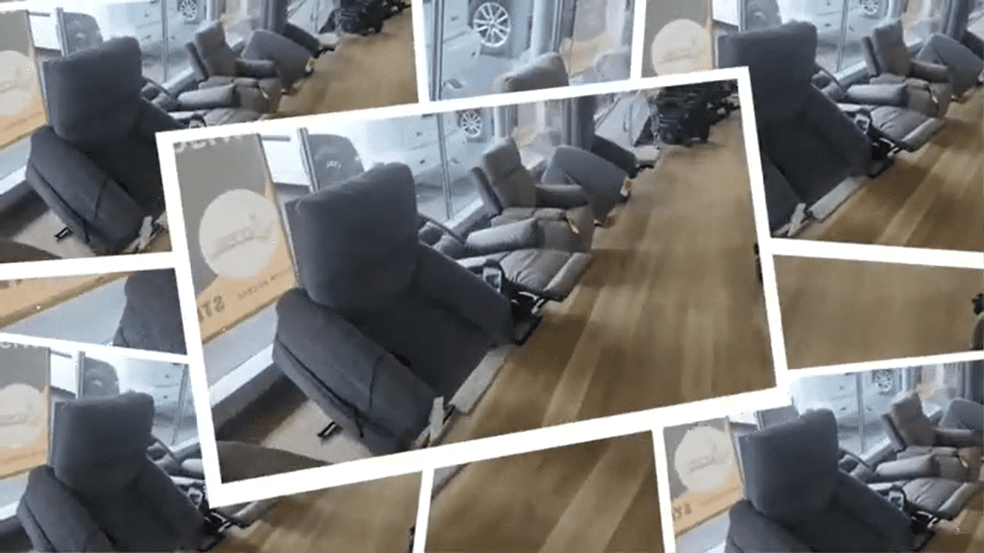 Grey reclining chairs are arranged in a row inside a showroom with large windows. The image is overlaid multiple times, creating a collage effect with repeating frames. The floor appears to be wood.