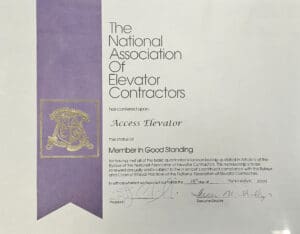Certificate with a purple stripe on the left and a gold NAEA crest. It awards Access Elevator with “Member In Good Standing” status from the National Association of Elevator Contractors, dated November 28, 2005.