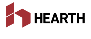 Logo with three red parallelograms forming a stylized flame or abstract shape to the left of the bold, black text HEARTH, highlighting Access Elevator Financing options on a clean white background.