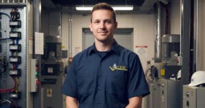A man in a navy blue Access uniform stands in an industrial control room, surrounded by electrical equipment, representing the professionalism of Accessibility Technician Jobs at Access Elevator Careers.