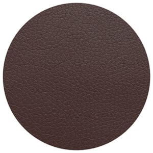 A circular swatch of dark brown, pebbled faux leather—perfect for upholstering the Freecurve Curved Stair Lift by Handicare, offering comfort and elegance to your home stair lift.