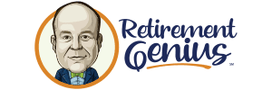 Logo for Retirement Genius featuring a cartoon illustration of a bald man in a suit inside an orange circle, with the stylized text Retirement Genius to the right, highlighting affordable mobility solutions.