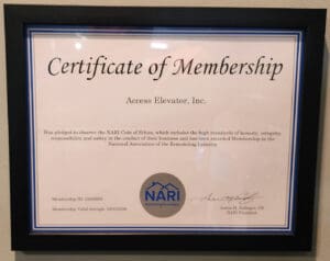 Framed Certificate of Membership awarded to Access Elevator, Inc. by the National Association of the Remodeling Industry, valid through 10/31/2026, with signatures and the NARI logo at the bottom.