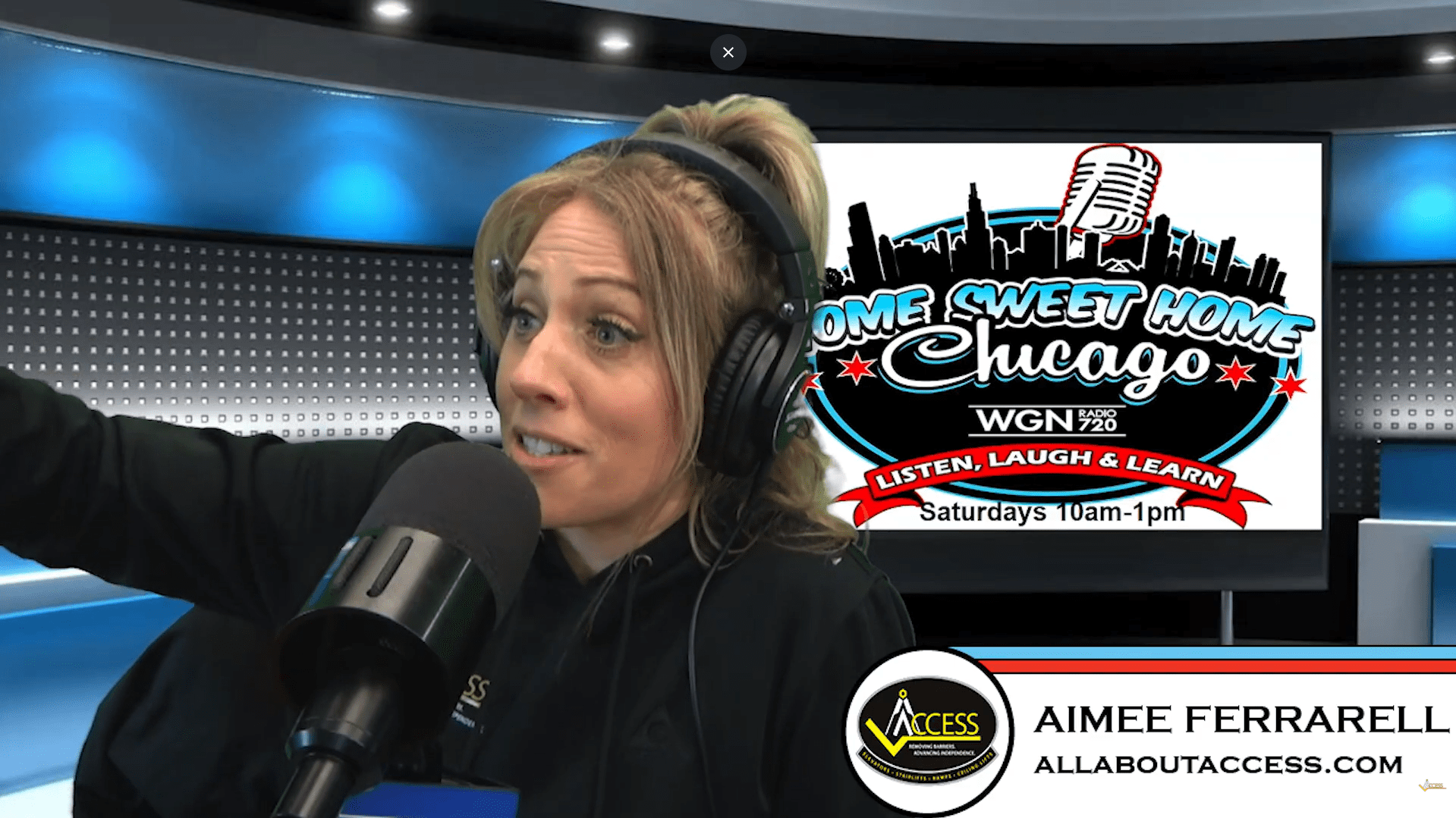 A woman wearing headphones speaks into a microphone in a radio studio. Behind her is a screen displaying “Home Sweet Home Chicago,” airing Saturdays 10am–1pm on WGN 720 AM. A banner reads Aimee Ferrarell, allaboutaccess.com.