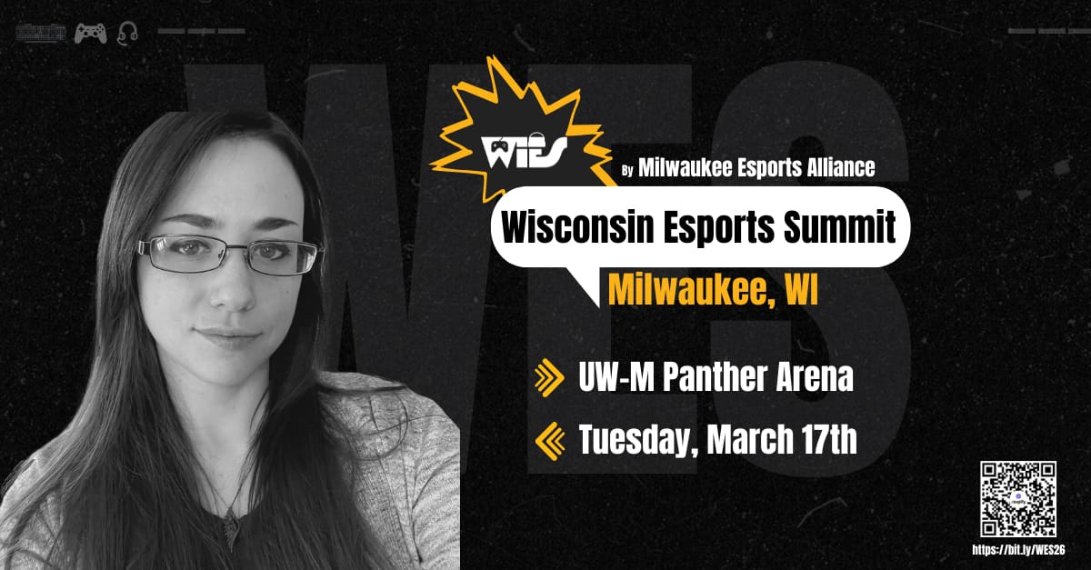 A woman with glasses and long brown hair is pictured on a graphic promoting the Wisconsin Esports Summit in Milwaukee at the UW-M Panther Arena on Tuesday, March 17th, organized by the Milwaukee Esports Alliance.