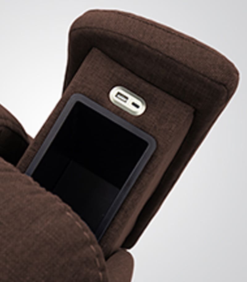 Close-up of the Evolution (LC-435) Lift Chair by Pride Mobility shows an armrest with an open storage compartment and built-in USB charging port—ideal for seniors who want convenience at home. Close-up of the Evolution (LC-435) Lift Chair by Pride Mobility shows an armrest with an open storage compartment and built-in USB charging port—ideal for seniors who want convenience at home.
