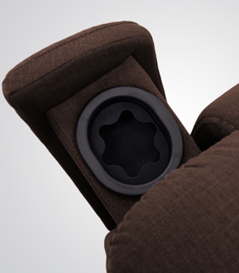 Close-up of a brown fabric armrest with a round black plastic cup holder, designed for the Evolution (LC-435) Lift Chair by Pride Mobility—ideal for relaxing in your home recliner. Close-up of a brown fabric armrest with a round black plastic cup holder, designed for the Evolution (LC-435) Lift Chair by Pride Mobility—ideal for relaxing in your home recliner.