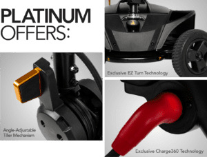 Four-panel image of the Go Go Elite Traveller 2 Platinum 3-Wheel Scooter by Pride Mobility: Top left—PLATINUM OFFERS. Bottom left—angle-adjustable tiller. Top right—EZ Turn wheels. Bottom right—red Charge360 charging cable.