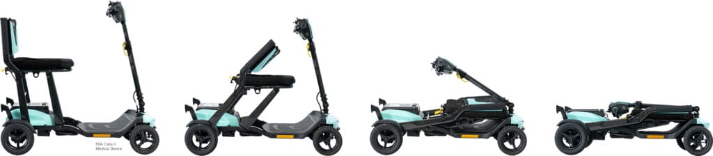 Four stages show a teal and black Go Go Super Portable 4-Wheel Scooter by Pride Mobility folding from fully upright with seat and handlebars to completely compact for easy transport or storage.