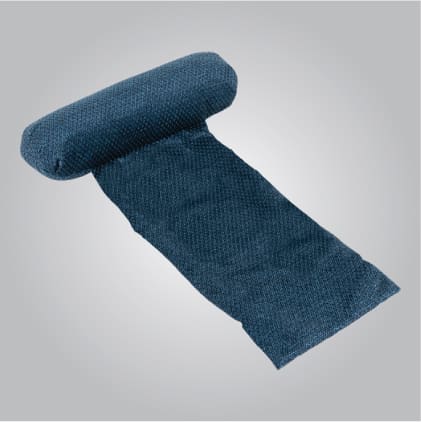 A dark blue, textured fabric neck roll pillow with a long rectangular extension, designed to enhance comfort on your VivaLift Radiance - PLR-3955 Lift Chair by Pride Mobility, displayed on a plain gradient gray background.