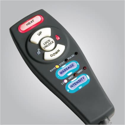 A close-up of a black remote for the VivaLift Radiance PLR-3955 Lift Chair by Pride Mobility, featuring labeled buttons like HEAT, UP, DOWN, WAVE, and more. Several indicator lights are visible against the gray background.
