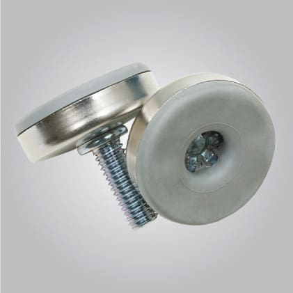 Two round, silver and gray magnets with threaded bolts rest together on a light gray background—ideal replacement parts for your VivaLift Radiance - PLR-3955 Lift Chair by Pride Mobility.