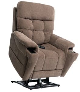 The VivaLift Ultra - PLR-4955 Lift Chair by Pride Mobility is a brown plush recliner with padded armrests, cup holder, side pocket for the remote, and a partially elevated black metal base for easy access and comfort.