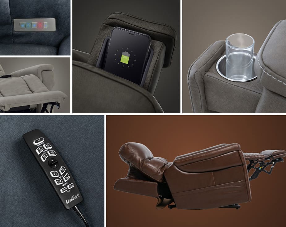 Collage of VivaLift Ultra - PLR-4955 Lift Chair by Pride Mobility: shown with control panel, reclined position, phone charging slot, cup holder, remote control, and side view fully extended against neutral backgrounds.