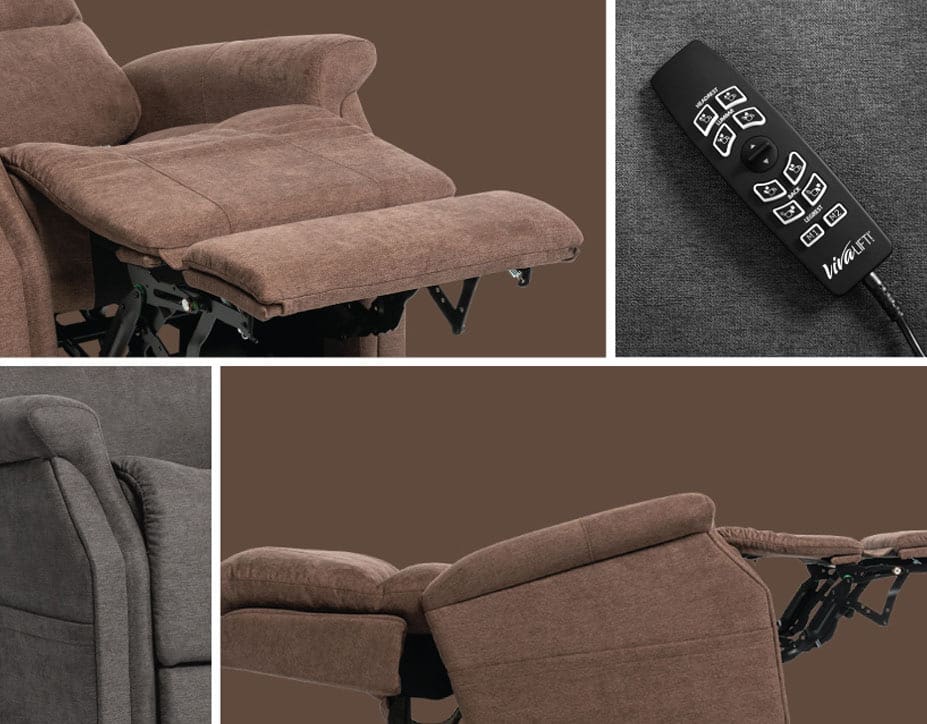 Collage of the VivaLift Metro 2 - PLR-925 Lift Chair by Pride Mobility in multiple positions, featuring a close-up of its side seam and multi-button remote, all set against a brown background.