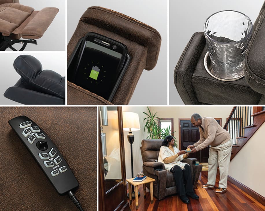 Collage highlighting VivaLift Radiance - PLR-3955 Lift Chair by Pride Mobility: includes cupholder, phone charging compartment, footrest, remote control, and a couple—woman relaxing in the chair as the man offers her a drink.