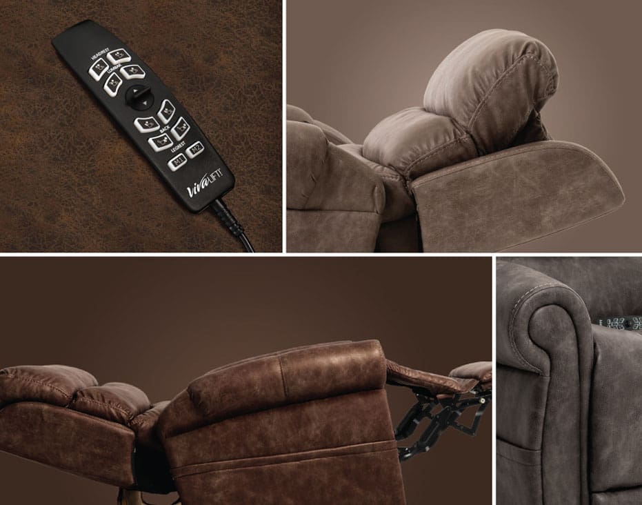 A collage displays the VivaLift Tranquil 2 - PLR-935 Lift Chair by Pride Mobility, highlighting its remote control, cushioned headrest, reclining footrest, armrest, and a side view against a brown background.