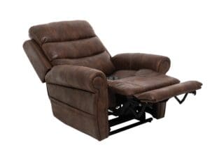 The VivaLift Tranquil 2 - PLR-935-Lift Chair by Pride Mobility is a brown leather recliner with padded armrests and backrest, shown reclined with footrest extended—perfect as an adjustable electric lift chair for home comfort.