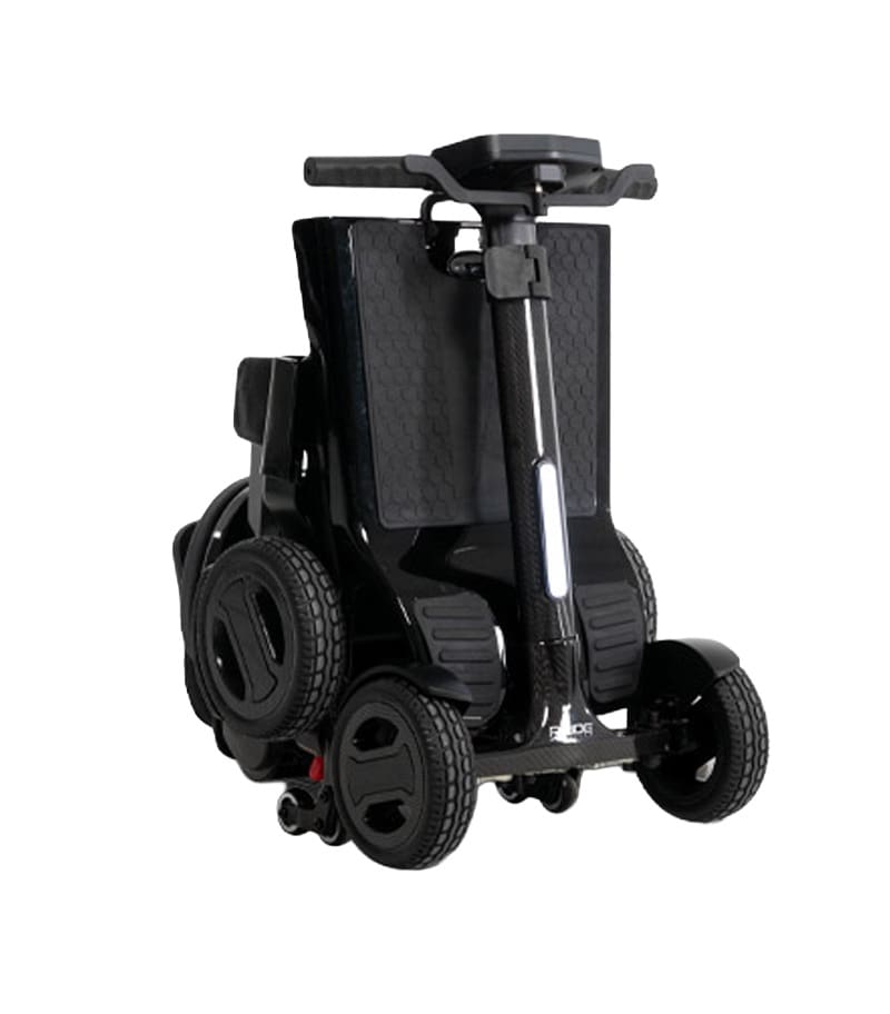 A sleek, black Go Go Carbon 4-Wheel Scooter by Pride Mobility is shown folded for easy transport and storage against a white background.