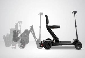 The Go Go Carbon 4-Wheel Scooter by Pride Mobility is displayed unfolding from fully collapsed and compact on the left to fully extended with seat and handlebars on the right, set against a plain white background.