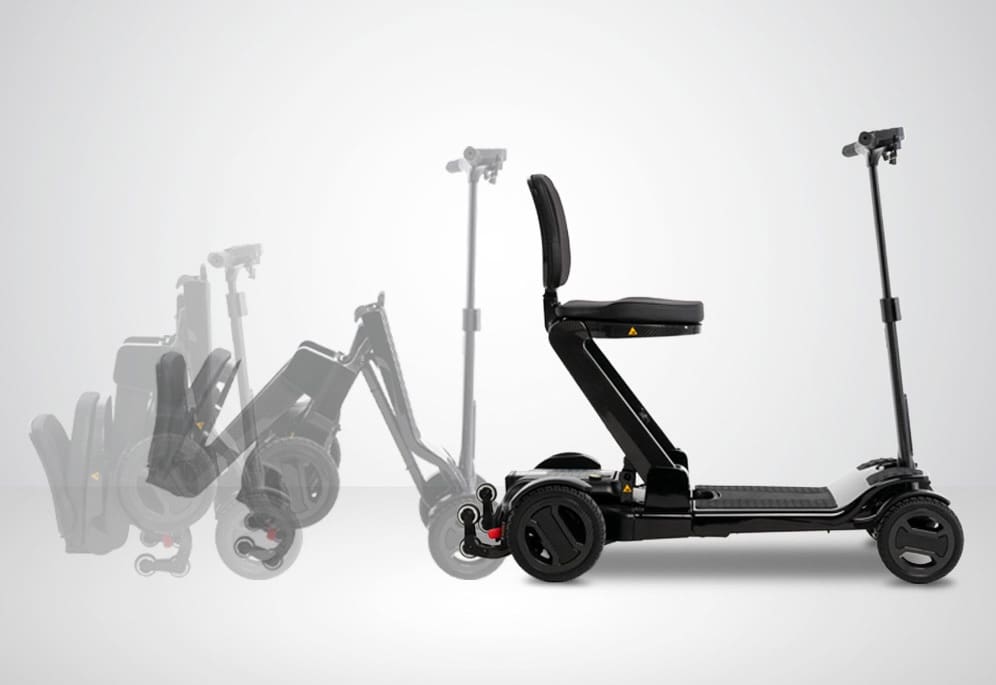 The Go Go Carbon 4-Wheel Scooter by Pride Mobility is displayed unfolding from fully collapsed and compact on the left to fully extended with seat and handlebars on the right, set against a plain white background.