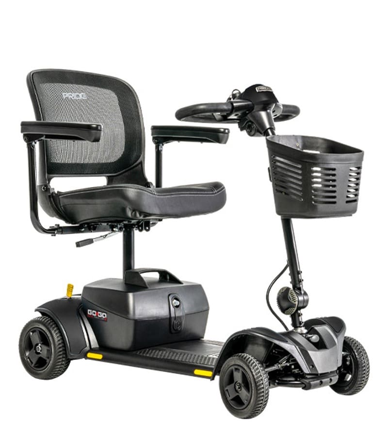 The Go Go Elite Traveller 2-Wheel Scooter by Pride Mobility is a black electric scooter with handlebar controls, armrests, mesh backrest, front storage basket, and a sturdy footrest platform for comfortable travel.
