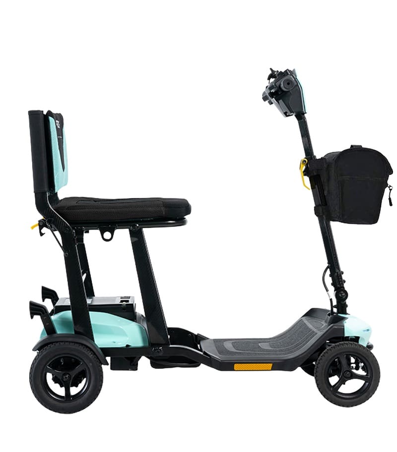 The Go Go Super Portable 4-Wheel Scooter by Pride Mobility features a cushioned seat, backrest, handlebars, and a small front storage bag, shown in side profile against a white background. The Go Go Super Portable 4-Wheel Scooter by Pride Mobility features a cushioned seat, backrest, handlebars, and a small front storage bag, shown in side profile against a white background.