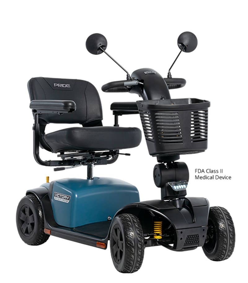 A Victory Platinum 4-Wheel Scooter by Pride Mobility in black and blue, featuring a cushioned seat, armrests, front basket, and rearview mirrors—engineered for heavy-duty personal mobility assistance. A Victory Platinum 4-Wheel Scooter by Pride Mobility in black and blue, featuring a cushioned seat, armrests, front basket, and rearview mirrors—engineered for heavy-duty personal mobility assistance.