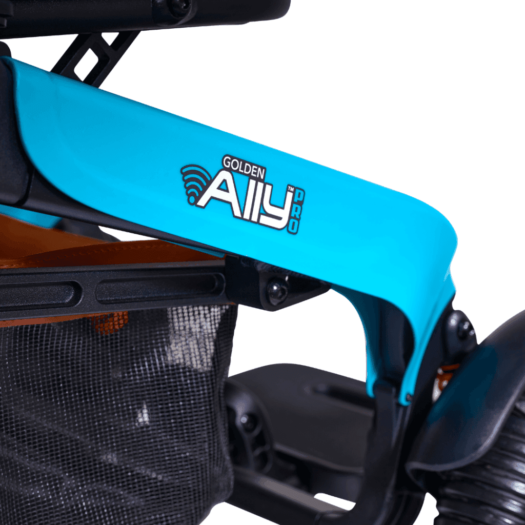 Close-up of the blue Ally Pro - Power Wheelchair by Golden, featuring the logo on the side and a black mesh basket underneath.