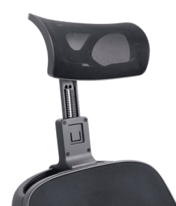 Close-up of the Ally - Power Wheelchair by Golden’s ergonomic headrest, featuring black mesh and a sliding height adjustment, attached securely to the top of the chair backrest.