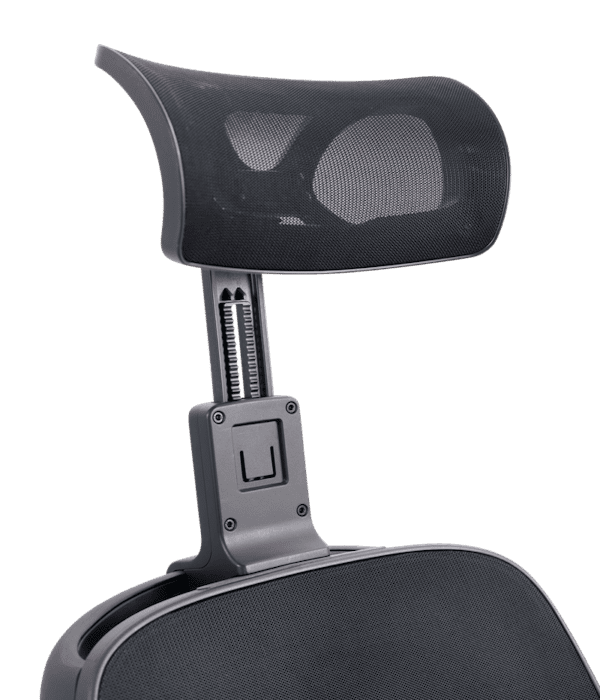 Close-up of the Ally - Power Wheelchair by Golden’s ergonomic headrest, featuring black mesh and a sliding height adjustment, attached securely to the top of the chair backrest.