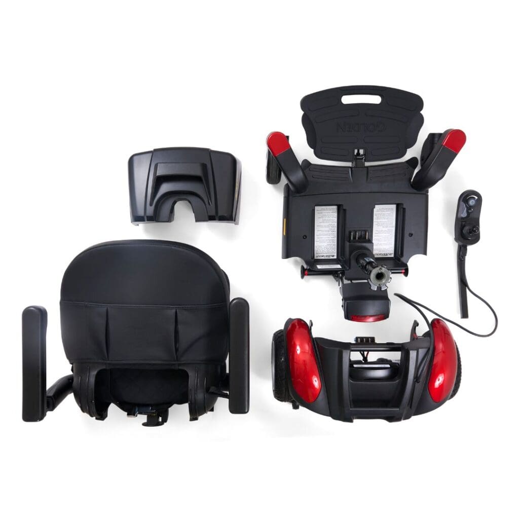 Four components of the BuzzAbout - Power Wheelchair by Golden are displayed on a white background: the seat, battery compartment, rear wheels, and an armrest featuring joystick control.
