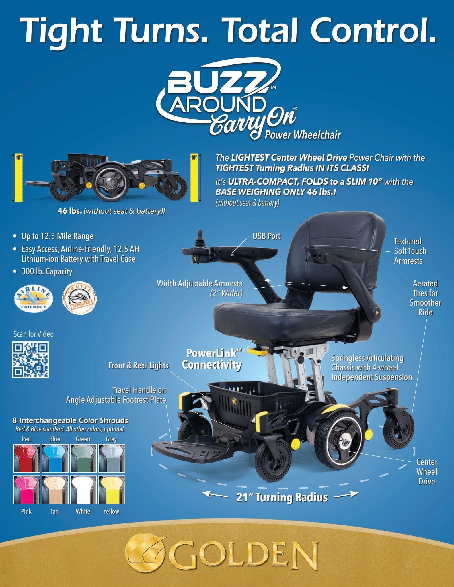 Promotional flyer for the Buzzaround CarryOn - Power Wheelchair by Golden. This foldable model offers a compact black design, adjustable armrests, 21-inch turning radius, and weighs only 46 lbs. Key product specs highlighted.