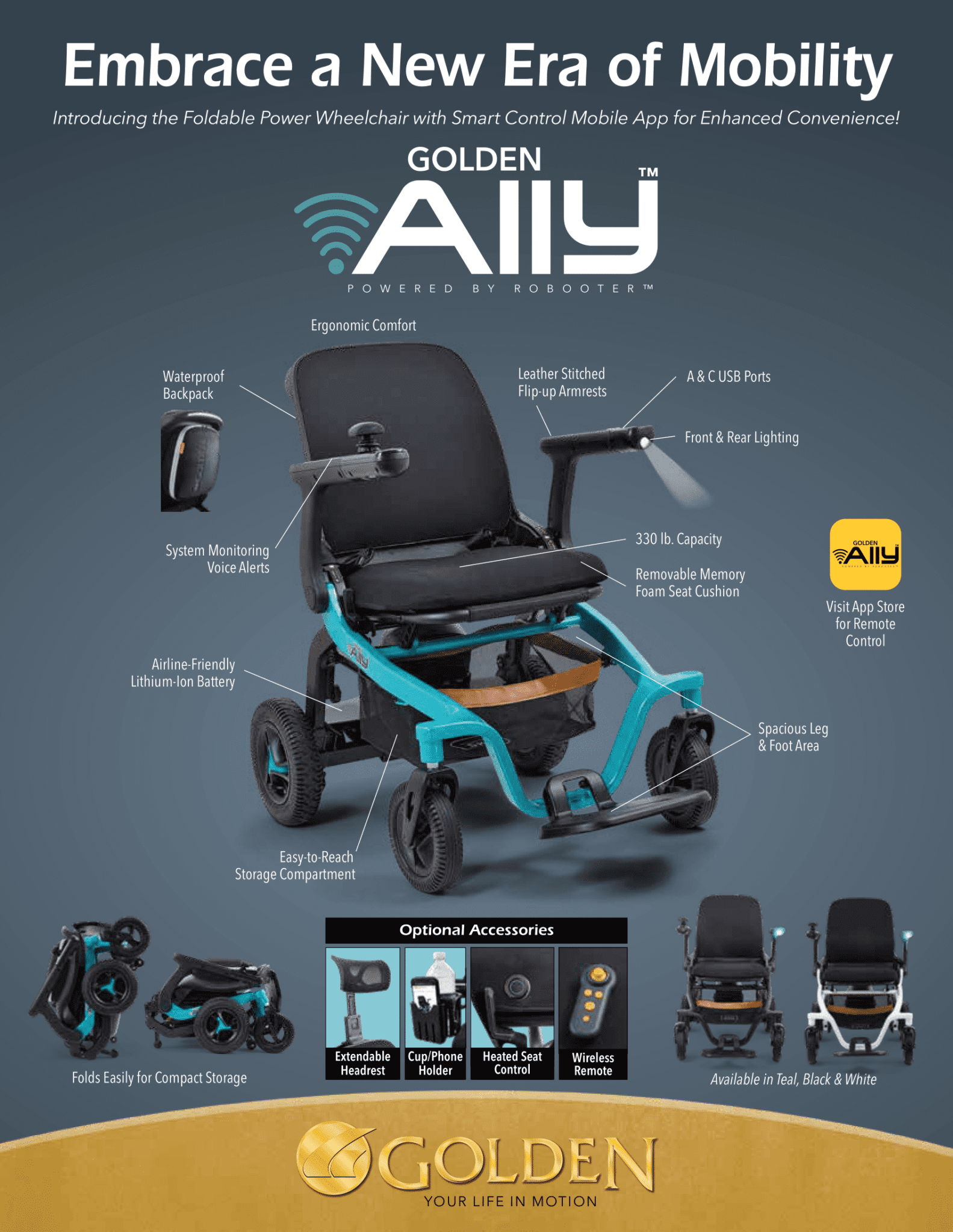 The Ally - Power Wheelchair by Golden is a modern, foldable travel chair with blue accents, ergonomic seat, adjustable headrest, waterproof joystick, USB ports, and storage. Optional accessories appear below. Golden logo at the bottom.
