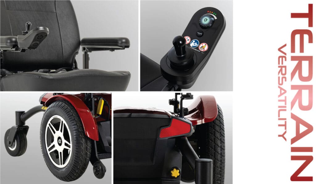 Collage of the black and red Jazzy Elite 14 - Power Wheelchair by Pride Mobility, with close-ups of seat, joystick, front and rear wheels. Bold red vertical text on the right reads “TERRAIN VERSATILITY.”.