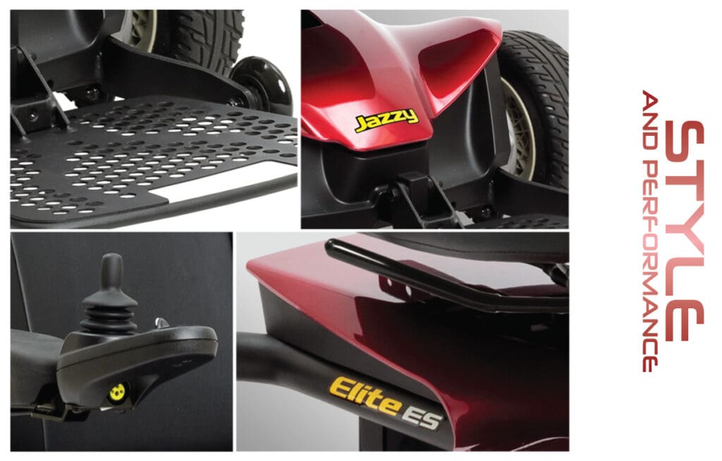 Collage of close-up images of the red Jazzy Elite ES - Power Wheelchair by Pride Mobility, featuring the footrest, joystick control, rear logo, and “STYLE AND PERFORMANCE” in bold red text. Ideal choice for users needing a portable power wheelchair.