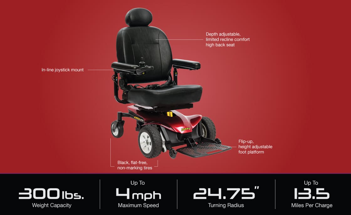 The Jazzy Elite ES - Power Wheelchair by Pride Mobility features a black and red design, in-line joystick, adjustable high back seat, flip-up foot platform, flat-free tires, 300 lbs capacity, and up to 13.5 miles per charge.